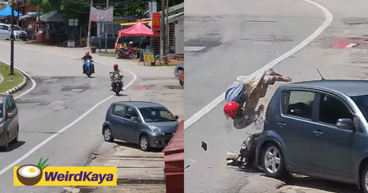 [video] motorcyclist crashes into parked myvi, 'microsleep' believed to be the cause | weirdkaya
