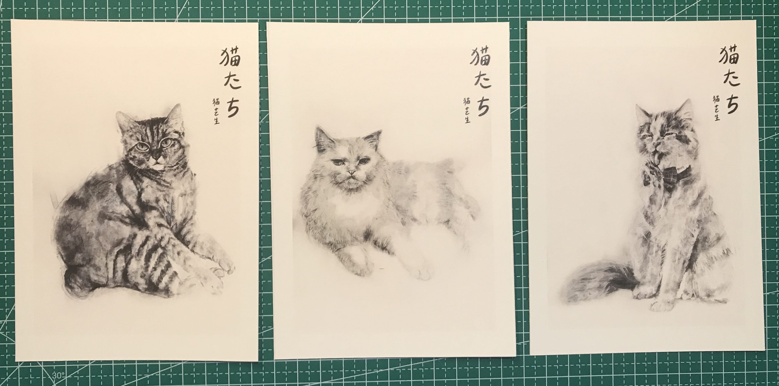 Printed portraits of artist's cats in charcoal and the studio's logo - nekotachi.