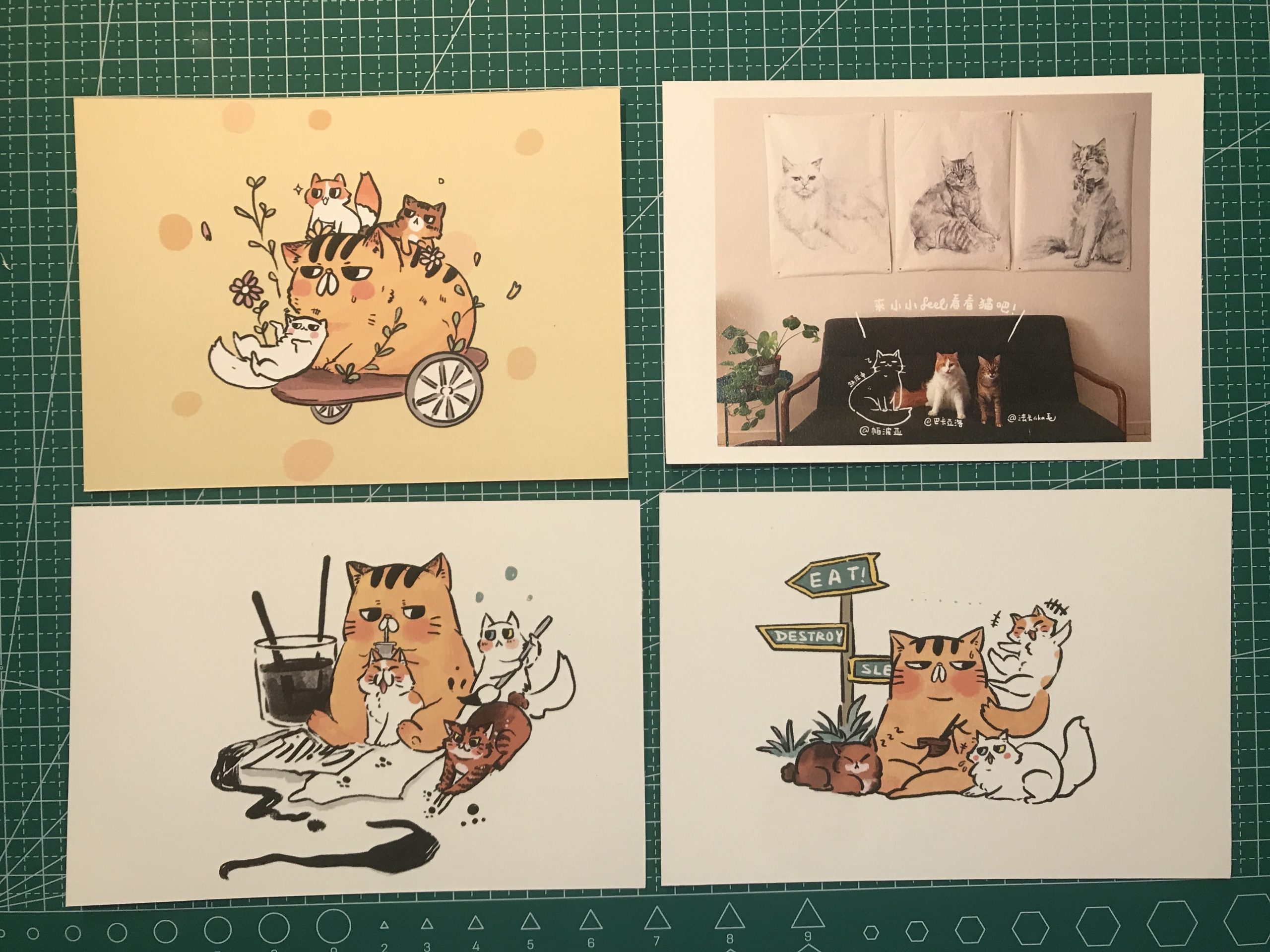 Coloured printed illustrated postcards of caricatures of her cats.