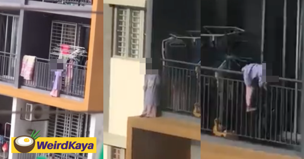 Young girl seen flirting with death by walking on the edge of apartment balcony