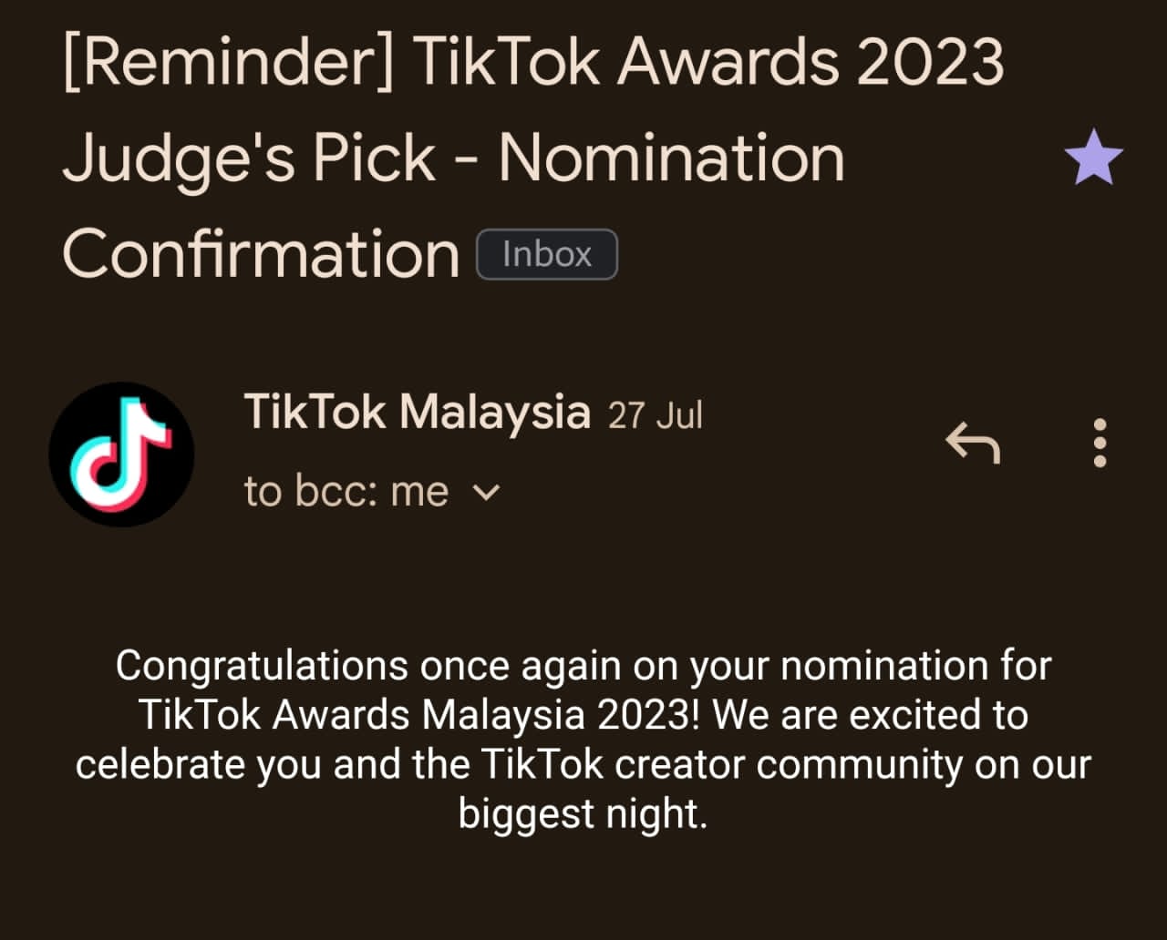 Aimonnn_ tiktoker's notification on being nominated for tiktok awards malaysia 2023