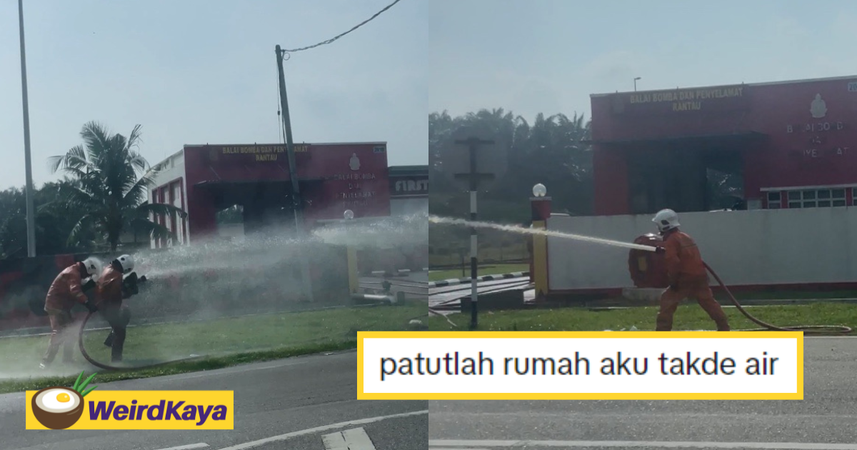Abang bomba seen happily spraying water at each other with water hose | weirdkaya