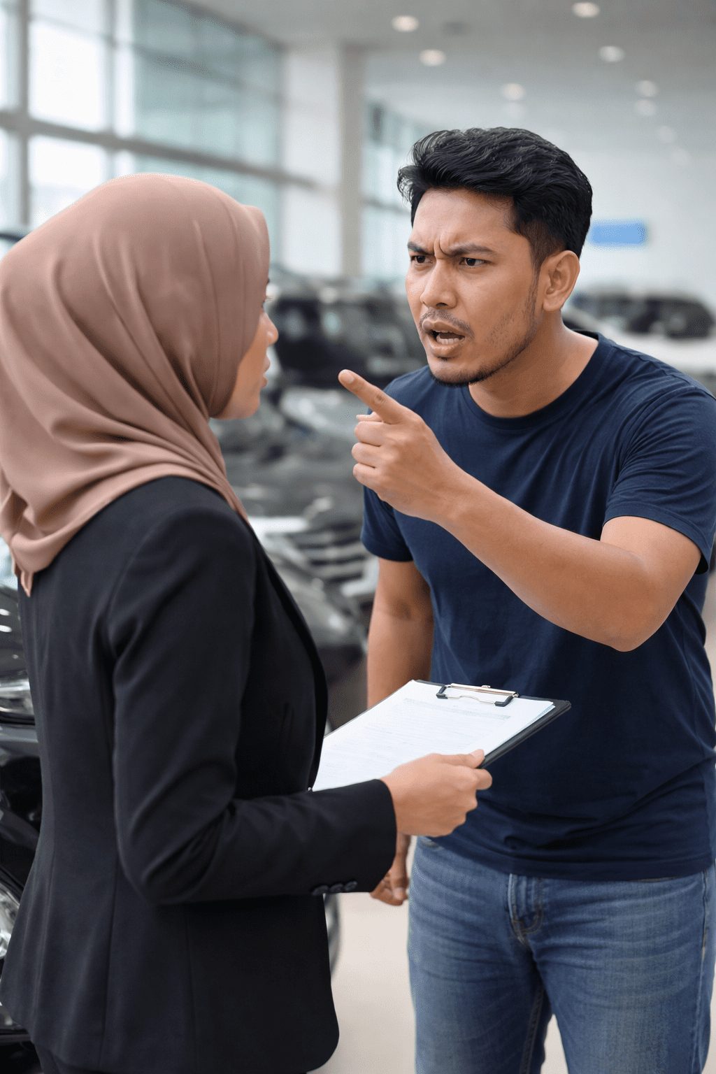 Angry man confronts car salesperson