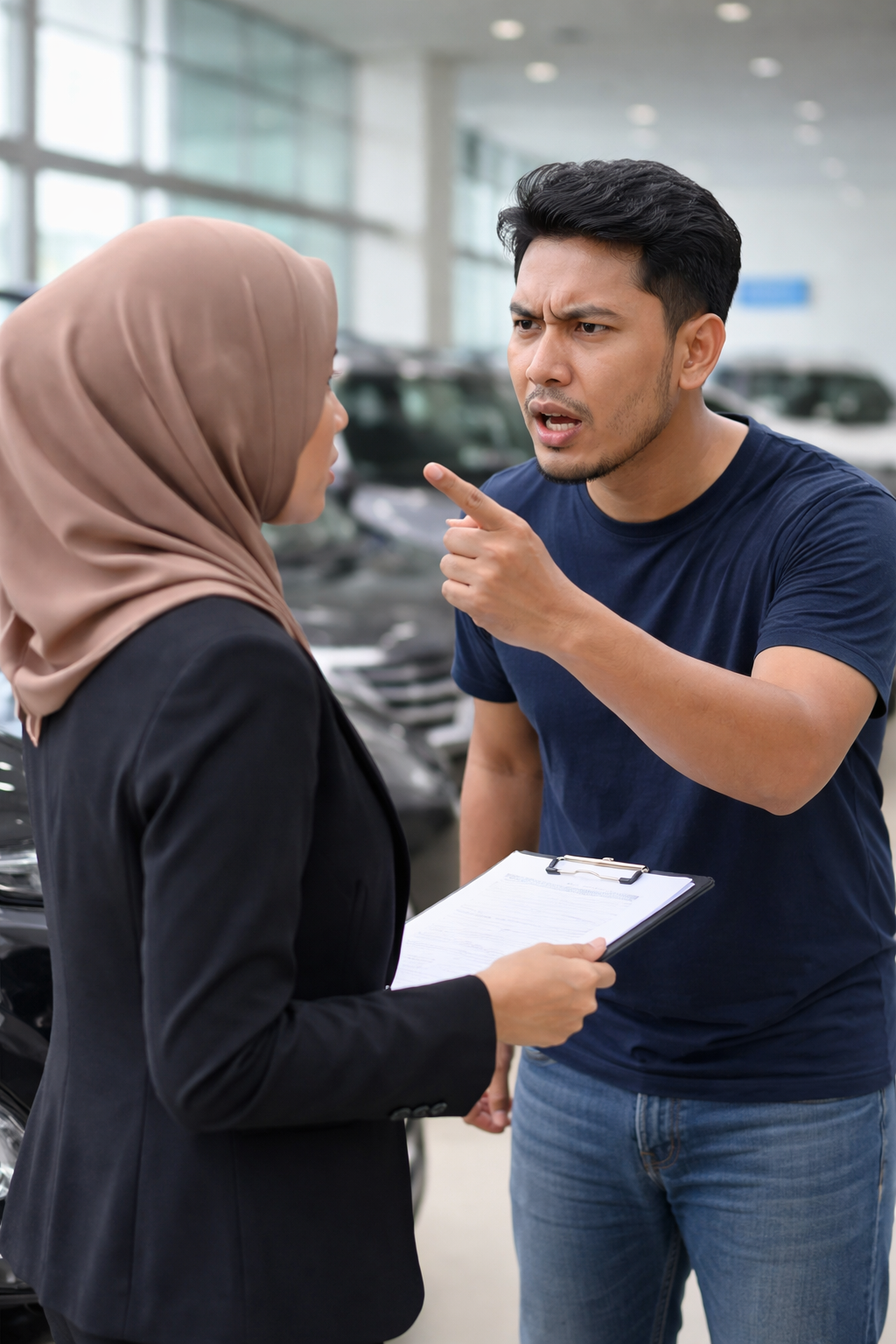 Angry man confronts car salesperson