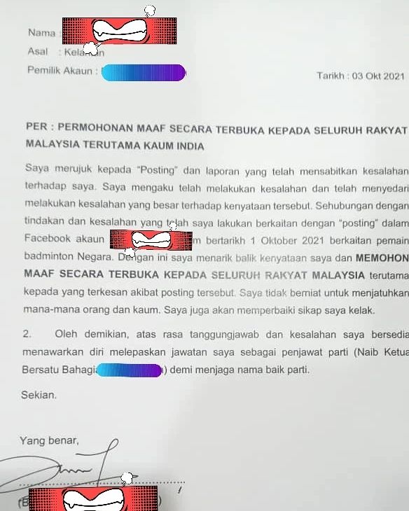 Borhan che rahim posted a lengthy statement on his facebook account and apologised to all malaysians for his racist remarks towards kisona yesterday.