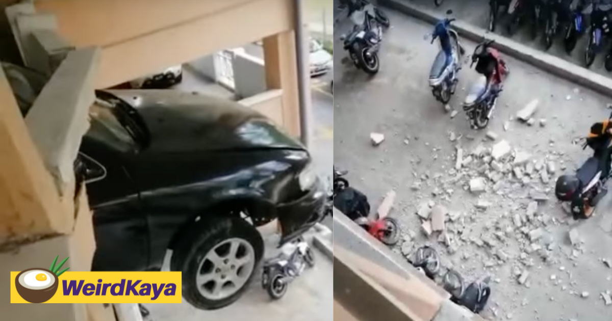 Car left half hanging in a kl car park as driver step on accelerator by mistake | weirdkaya