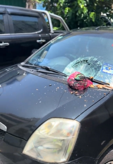Car windscreen damaged by rubbish