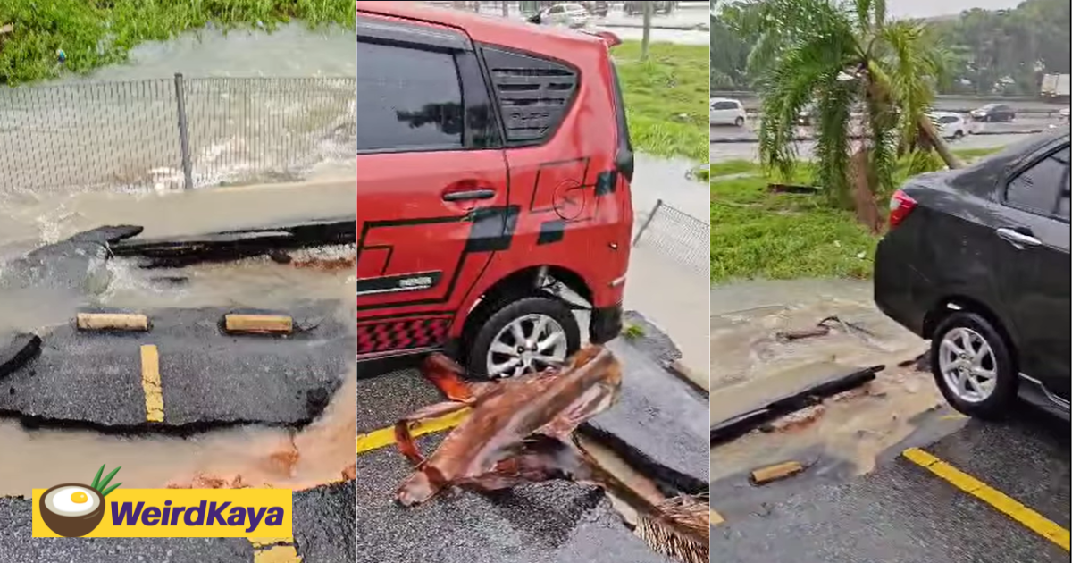 Cars Seen Dangling Mid-Air After Road Collapses Due To Heavy Storm In Selayang