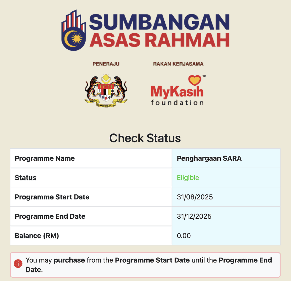 Check status for RM100 Sara Aid