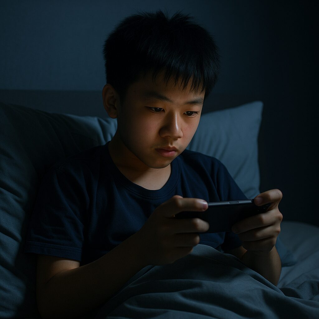 chinese boy playing phone late night