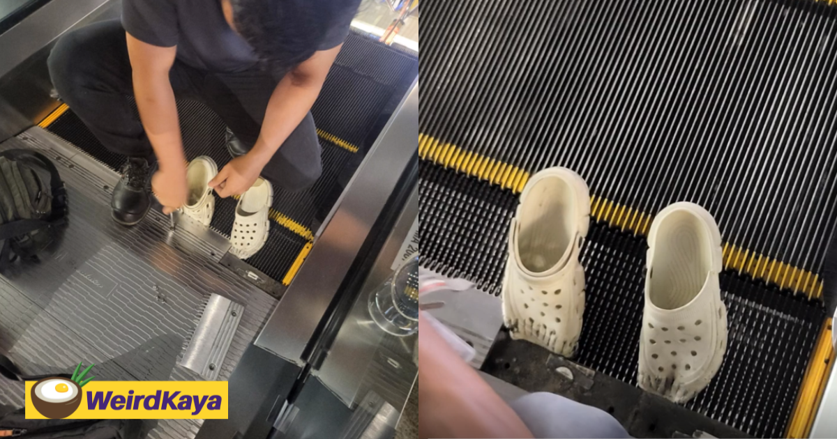 Crocs shoes gets stuck within escalator again at m’sian mall, staff struggle to get it out | weirdkaya