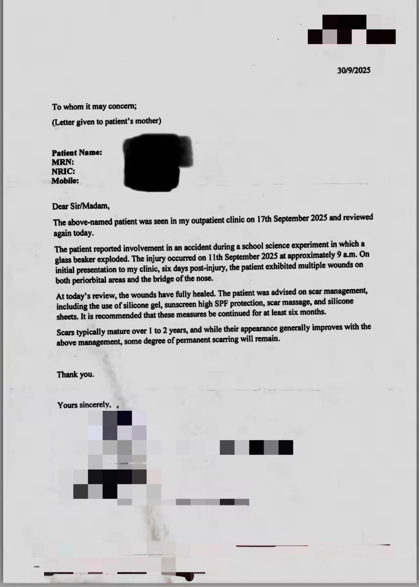 Doctor's letter on injuries caused by experiment