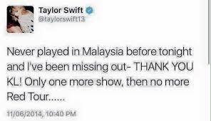 Taylor swift's tweet about red tour in kl