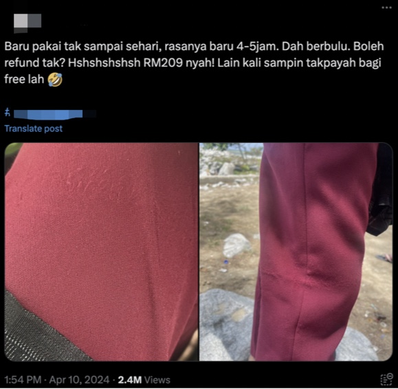 M'sian netizen upset after rm209 raya outfit frays after just 5 hours | weirdkaya