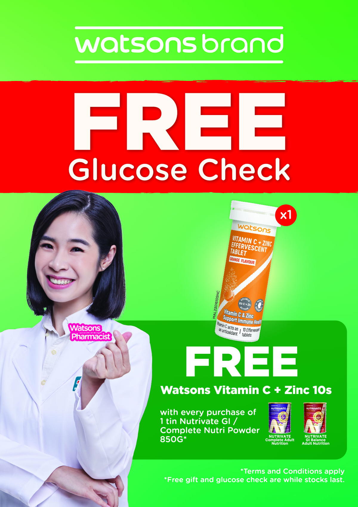 Free Glucose Check and Free Vitamin C + Zinc at Watsons