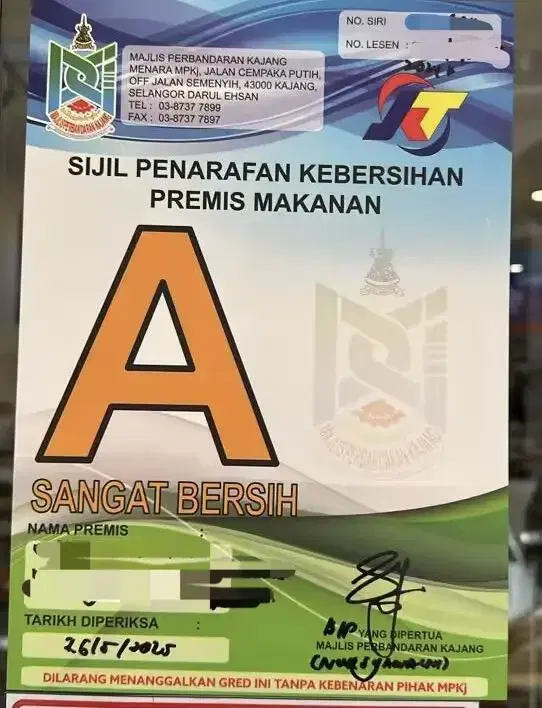 Grade A rating given to restaurant in Mahkota Cheras
