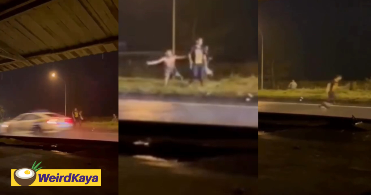 Group of men run in panic after waving at m’sian police patrol car in the rain | weirdkaya