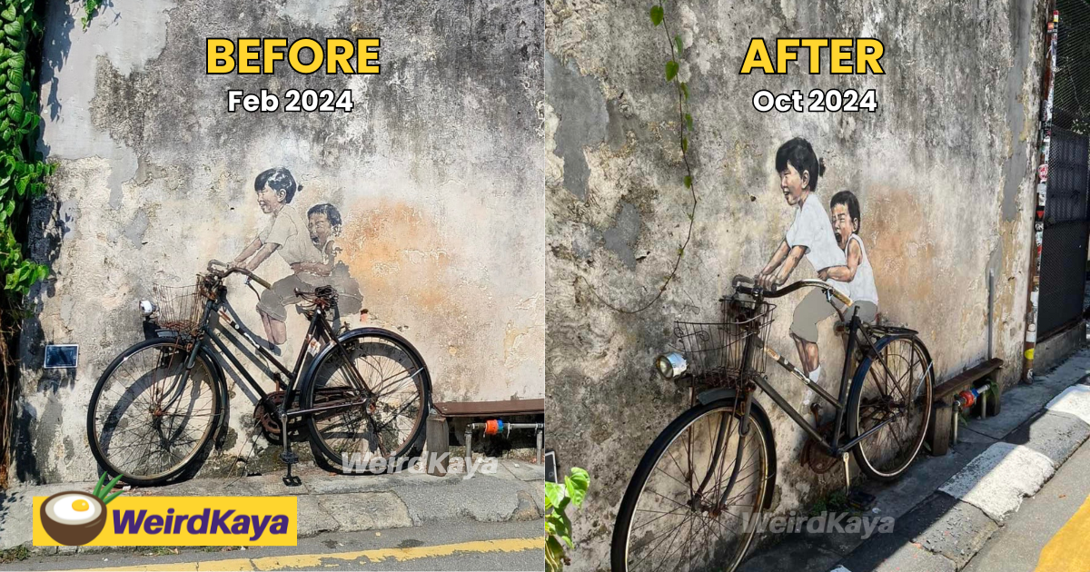 Here’s how penang’s iconic ‘children on a bicycle’ mural looks before & after makeover | weirdkaya