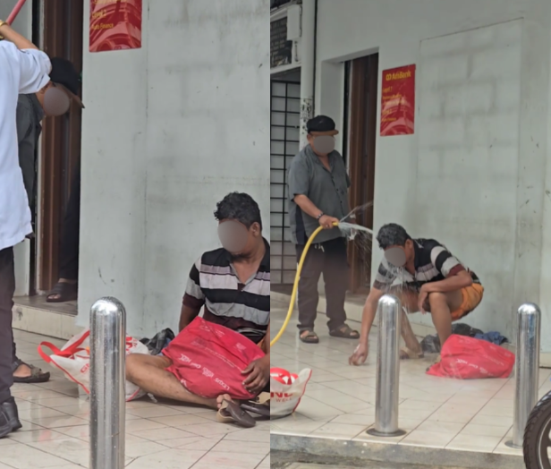 Homeless man has bag thrown and water splashed at him