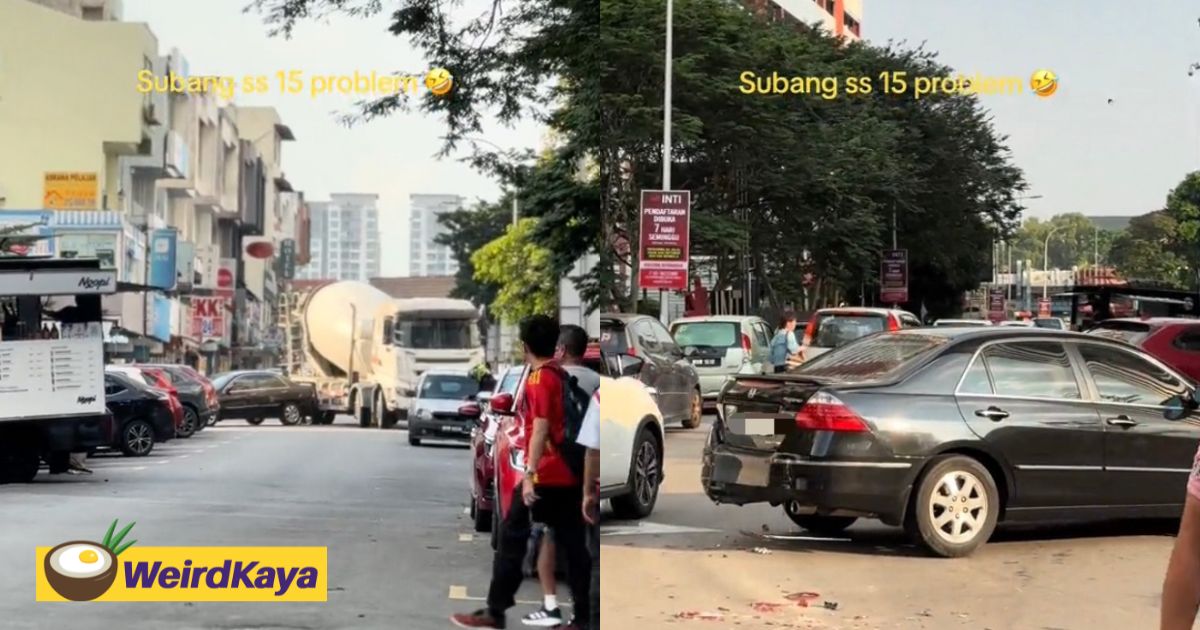 Honda gets hit by cement truck after blocking road by parking illegally at ss15 | weirdkaya