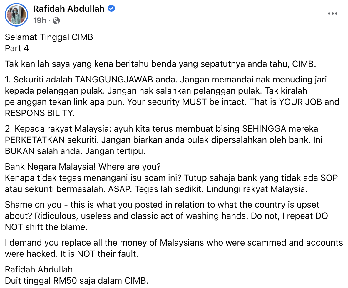 Doctor slammed cimb bank as she lost rm13k without warning