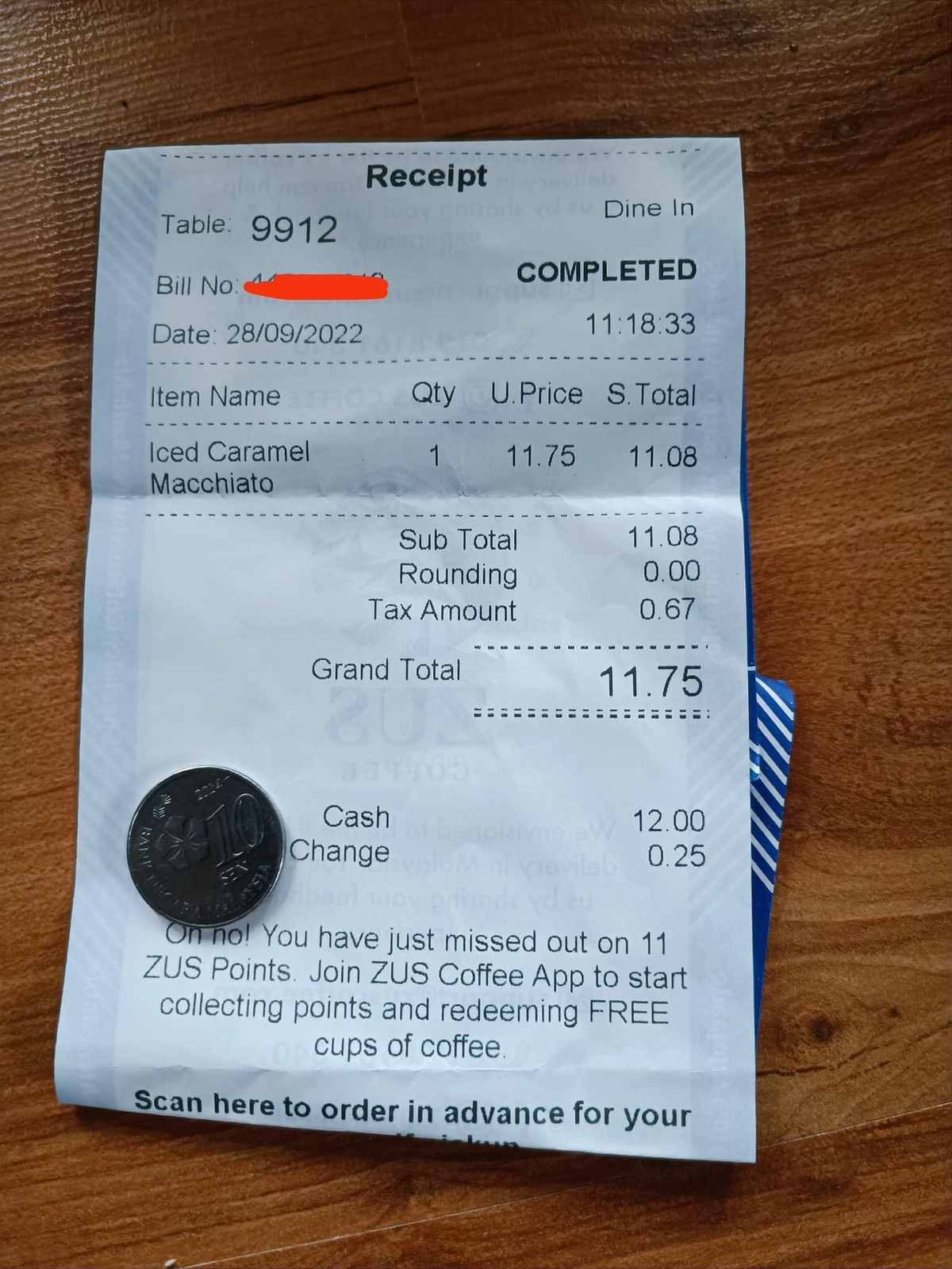 Zus coffee receipt