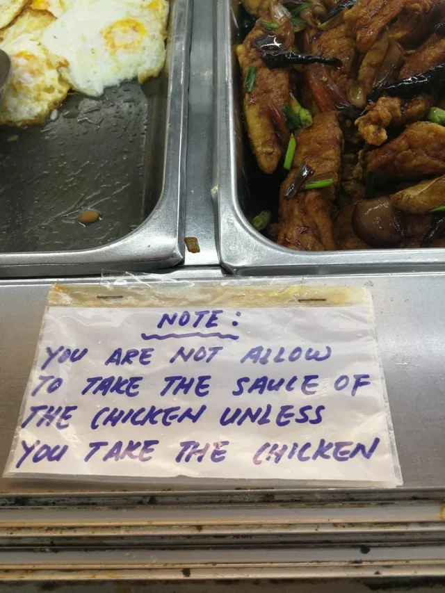 Economy rice stall at m'sian uni doesn't allow students to take sauce without the chicken