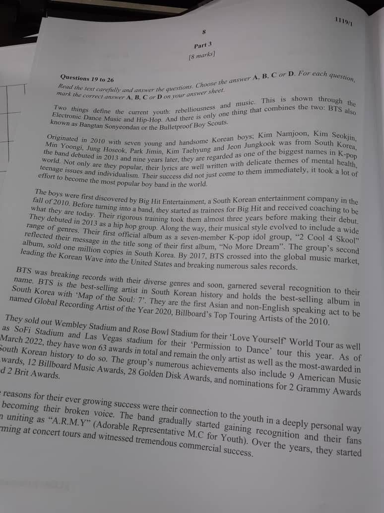 M'sian 2022 English SPM Trial Paper Contains Questions About K-pop Group BTS
