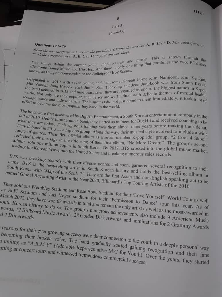 M'sian 2022 english spm trial paper contains questions about k-pop group bts