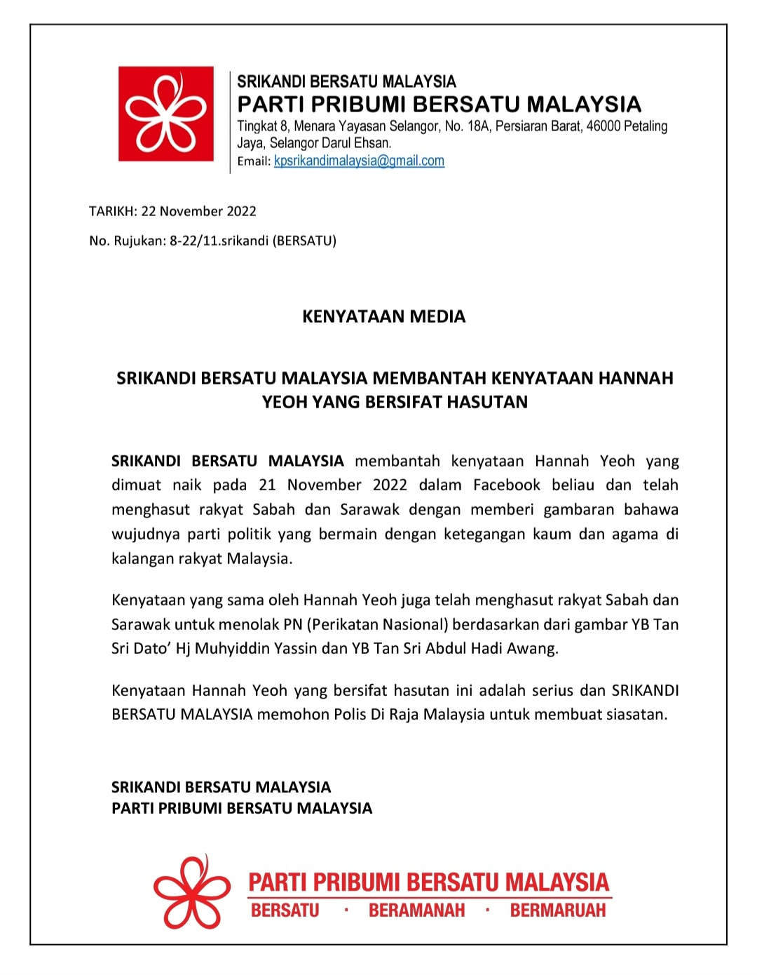 Bersatu women's wing urges police to take action against hannah yeoh over fb post for sabah sarawak