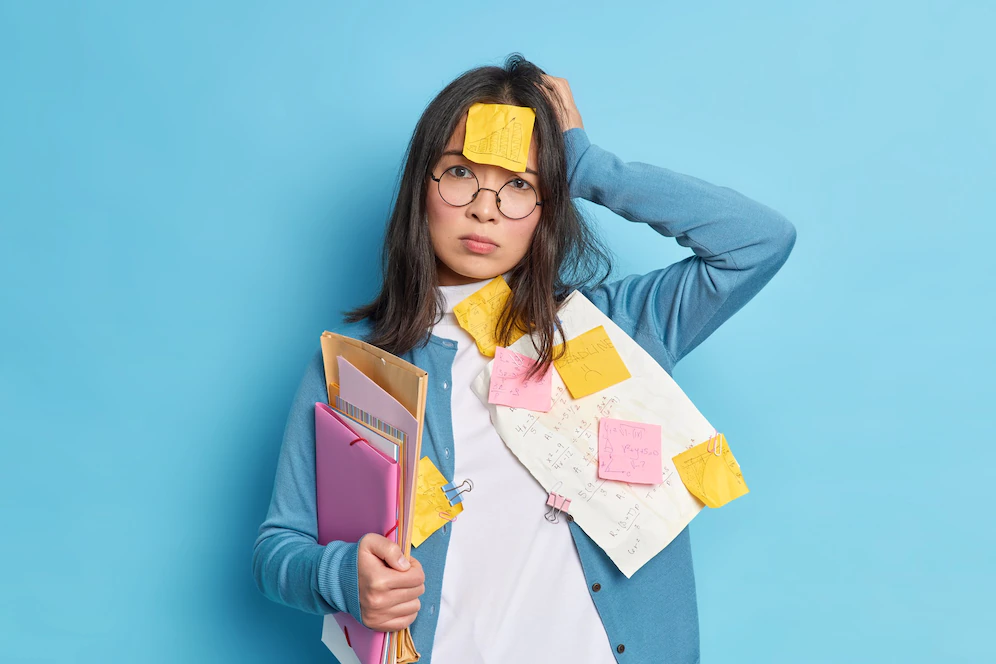 Confused woman with sticky notes