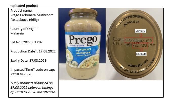 Prego Carbonara pasta sauce spoilage