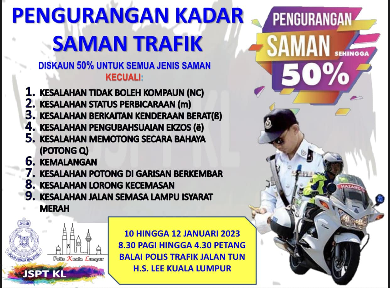 Kl police is offering 50% discount for traffic fines starting tomorrow