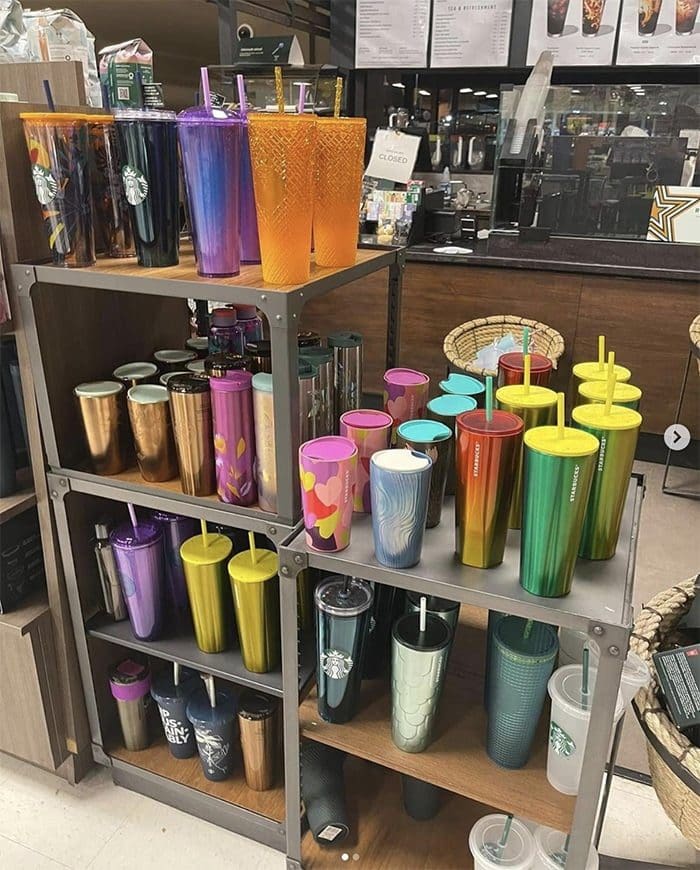 Starbucks tumblers being displayed