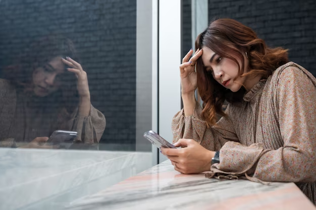Anxious woman looking at handphone