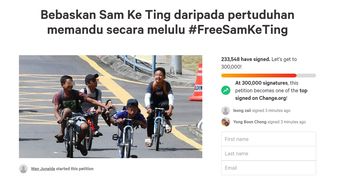 Melulu secara memandu sam pertuduhan ting daripada #freesamketing ke bebaskan Online petitions