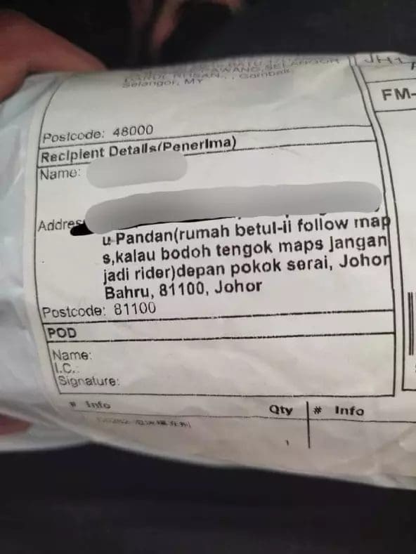 "If You're Dumb, Don't Be A Rider!" — M'sian Woman Enrages Netizens With Rude Message On Parcel