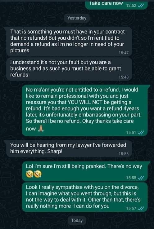 Divorced Woman Demands Refund From Photographer For Photos He Took On Her Wedding 4 Years Ago