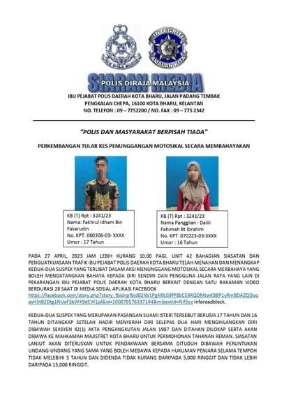 M'sian Couple Who Went Viral For Performing 'Wheelie' Stunt In Kelantan Surrender To Police