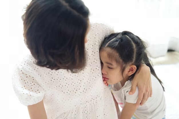 Asian mum consoling her upset daughter.