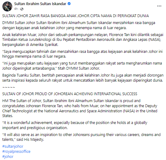 Johor sultan lauds achievements of muar-born nasa technologist florence tan | weirdkaya