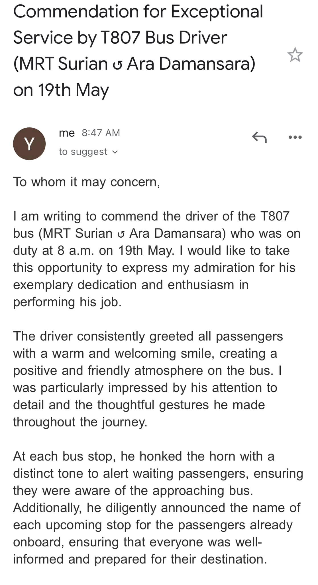M’sian woman pens email praising rapidkl bus driver who showed excellent service to passengers | weirdkaya