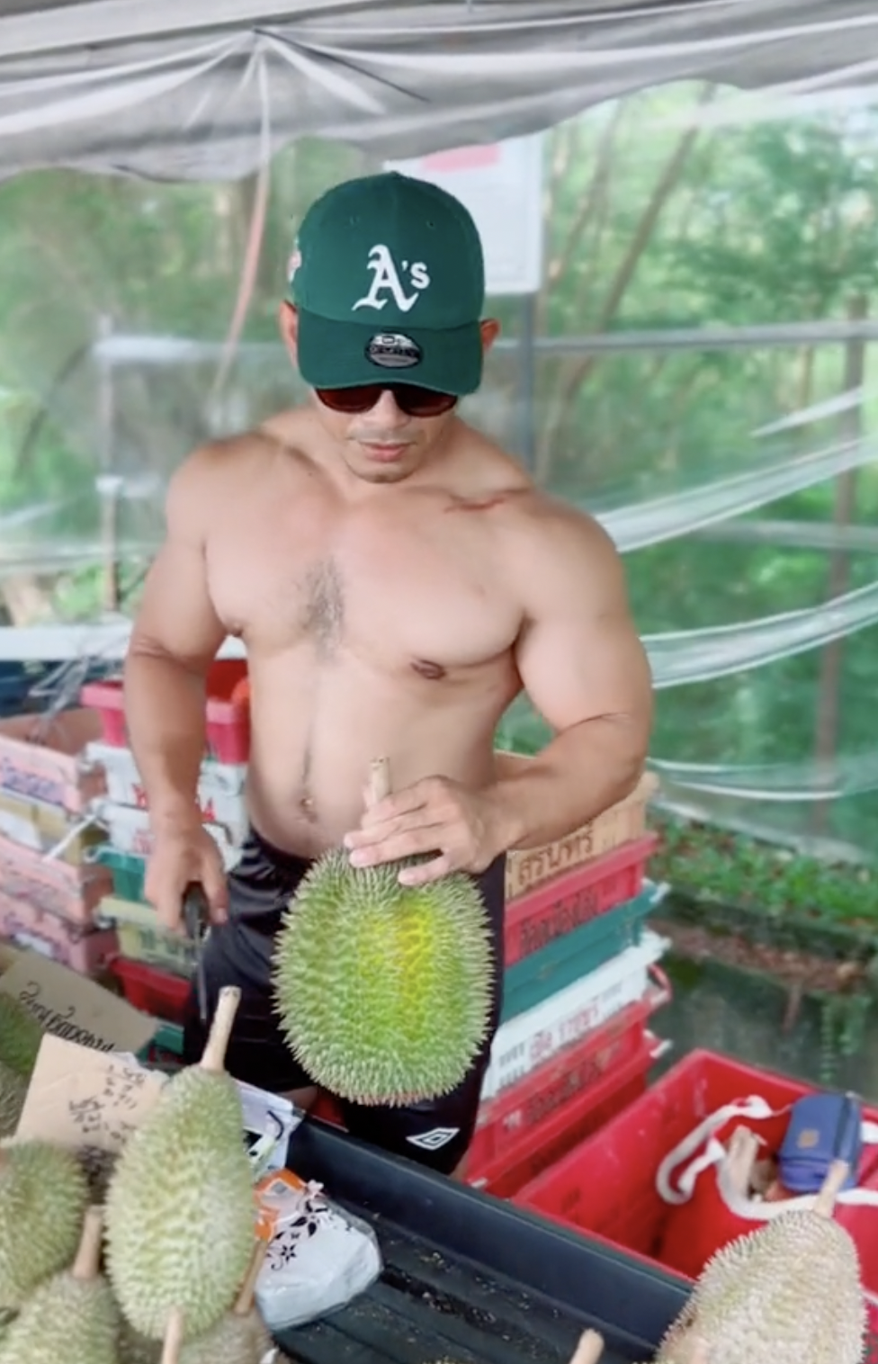 Super ripped m'sian dad becomes online sensation for selling durians shirtless