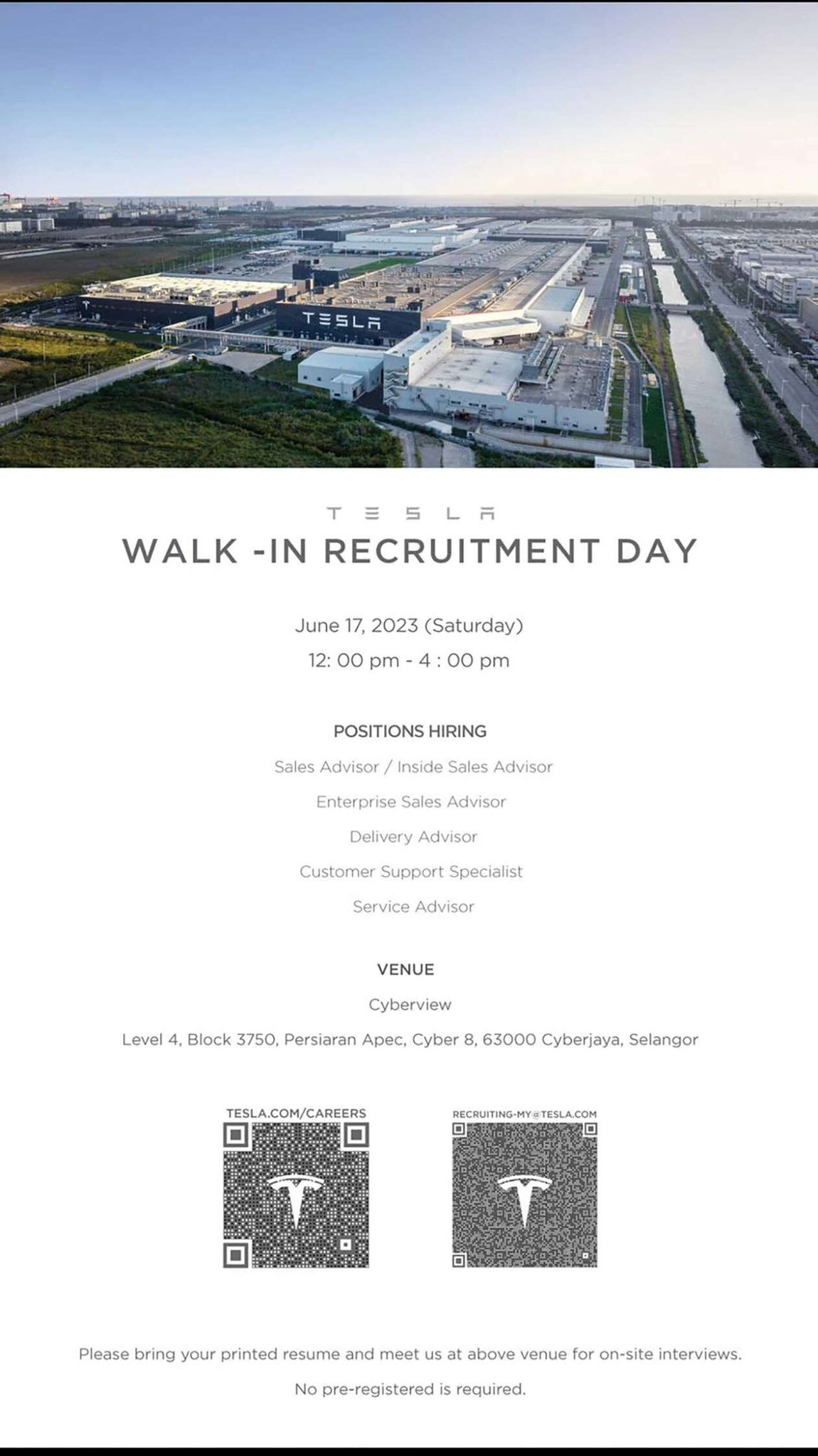 Tesla is officially hiring m'sians with a walk-in interview at cyberjaya on june 17