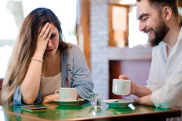 Woman annoyed with a man on a first date drinking coffee