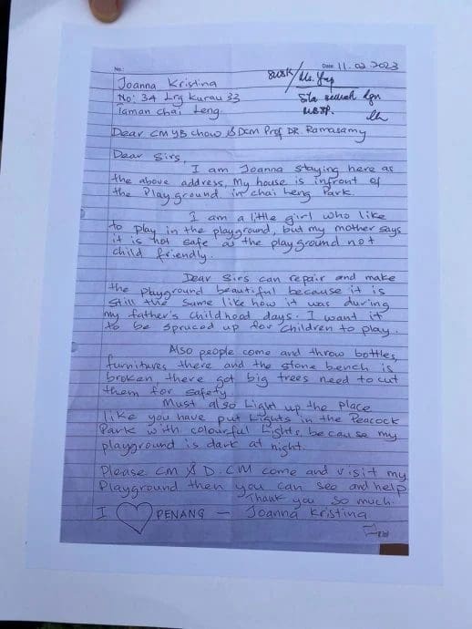 10yo M'sian Girl Writes To Penang MB Asking For Playground Repairs, Has Wish Fulfilled After 4 Months