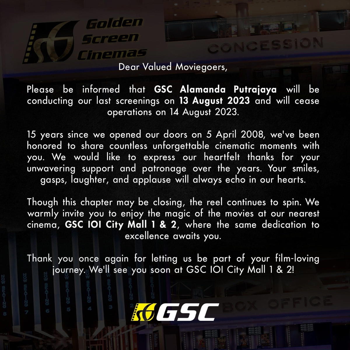 GSC Alamanda Putrajaya To Close On Aug 14, Will Hold Final Screening A Day Before