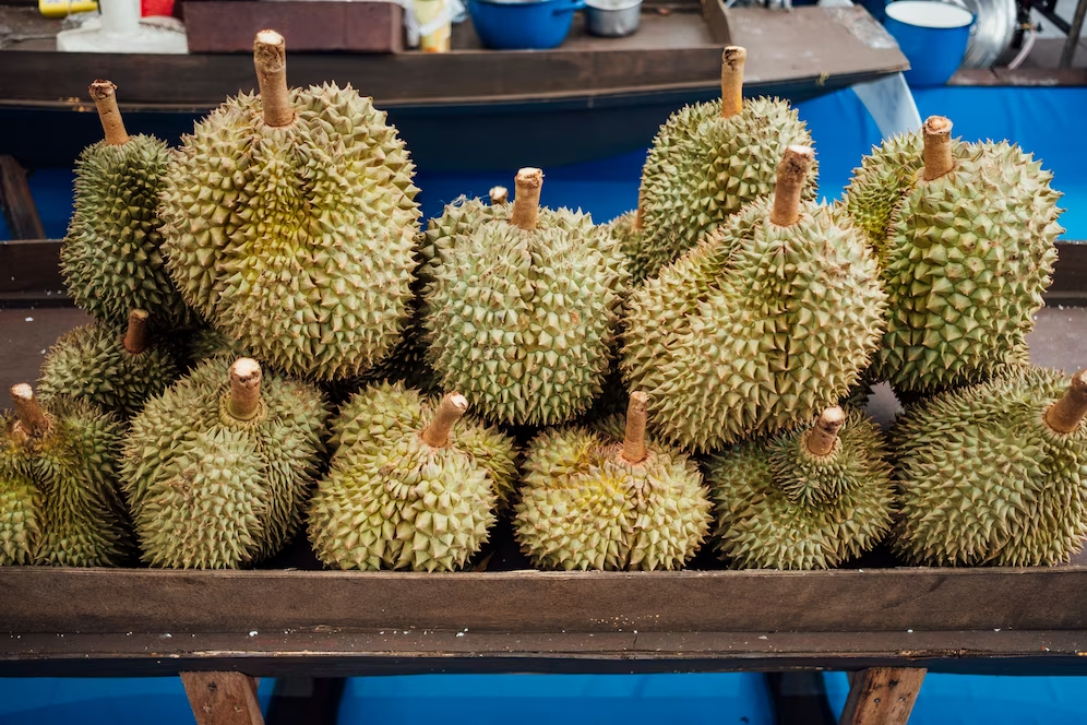 Durians displayed on a shelve