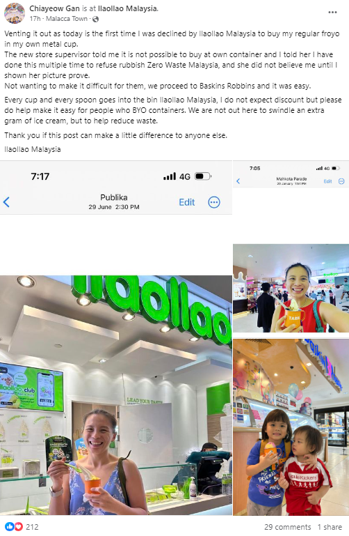 M’sian woman claims llaollao outlet in melaka refused to let her use her reusable container | weirdkaya