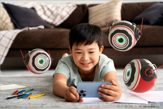 Asian boy playing with iphone